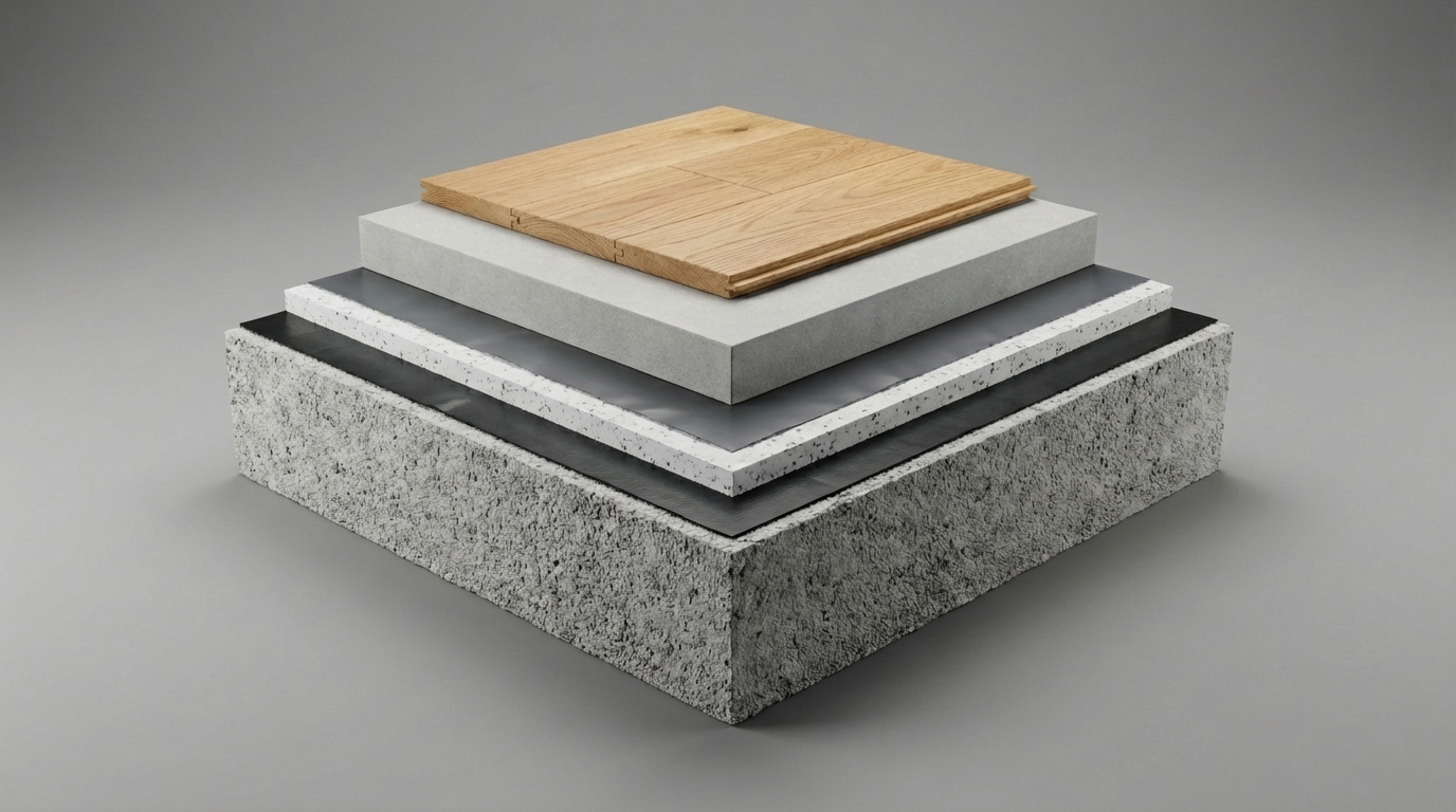 EPS DEO Wärmedämmung - Fußbodenaufbau mit schwimmendem Estrich EPS-Dämmung Schichtaufbau: Betondecke, PE-Folie, EPS-Wärmedämmplatte, Estrich und Parkett - Fußbodenaufbau nach DIN 4108