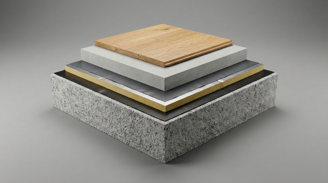 PUR/PIR Polyurethan-Dämmung - Dünnster Aufbau bei bester Dämmleistung PUR/PIR-Dämmung Schichtaufbau: Hochleistungs-Wärmedämmung unter Estrich mit Parkett-Oberbelag nach DIN EN 13165