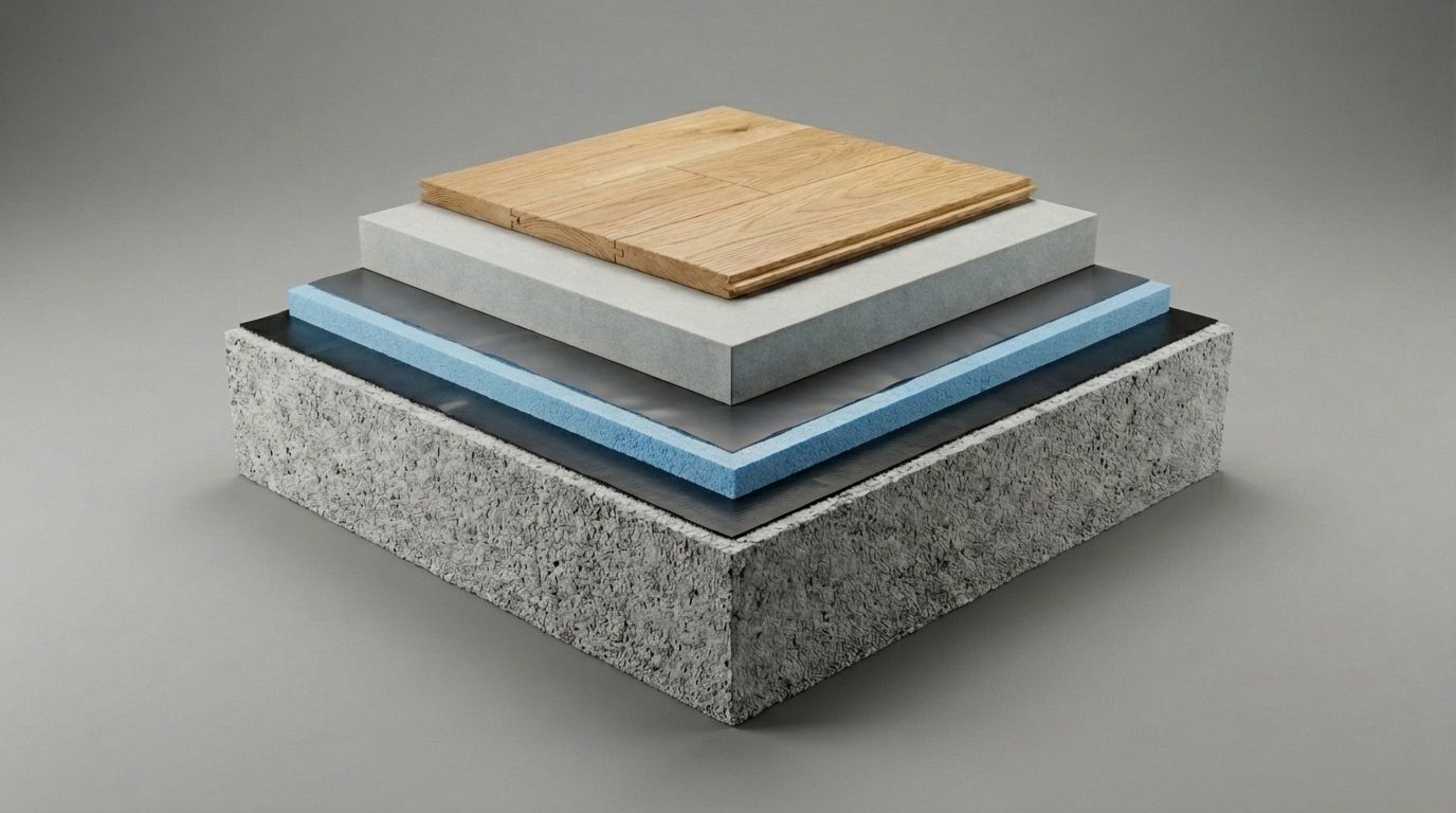 XPS Wärmedämmung - Fußbodenaufbau mit Estrich XPS-Dämmung Schichtaufbau: 5-Schicht-System mit extrudiertem Polystyrol unter schwimmendem Estrich - feuchteresistent nach DIN EN 13164