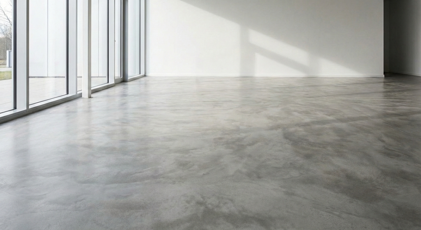 Sichtestrich hellgrau mit wolkiger Struktur im lichtdurchfluteten Raum mit Glasfront