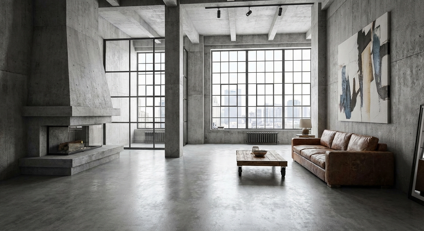 Sichtestrich im Industrial Loft mit Betonkamin, Ledersofа und Panorama-Stadtblick