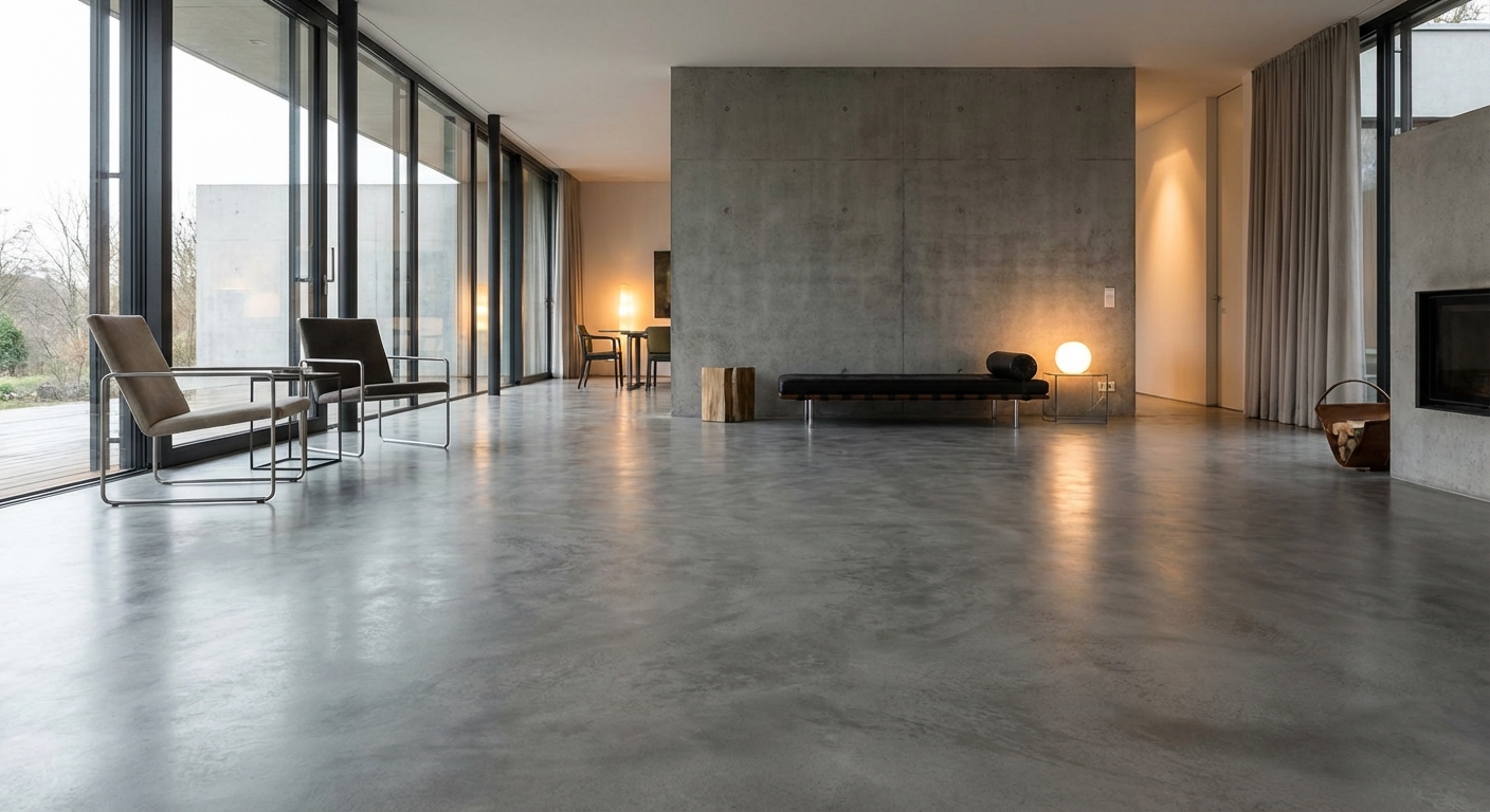 Sichtestrich in minimalistischem Loft-Wohnzimmer mit Glasfront und Designermöbeln